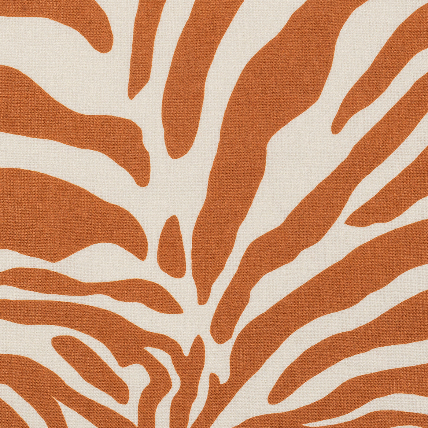 Close-up of the Regine Linen Shower Curtain by Matouk, featuring an orange and white abstract zebra motif on a luxurious linen-cotton blend fabric.