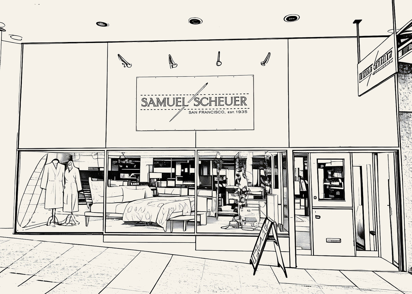 Sketched image of Samuel Scheuer Linens storefront at 340 Sutter Street in San Francisco