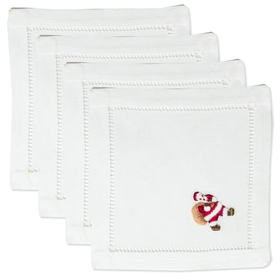 Henry Handwork Santa cocktail napkins, white linen with hemstitch border and Santa embroidery.