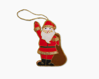 Henry Handwork Santa embroidered ornament in red with gold trim and braided hanging loop.
