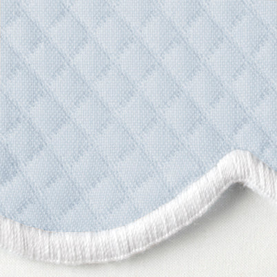 Close-up of powder blue quilted cotton placemat edge with white terry reverse.
