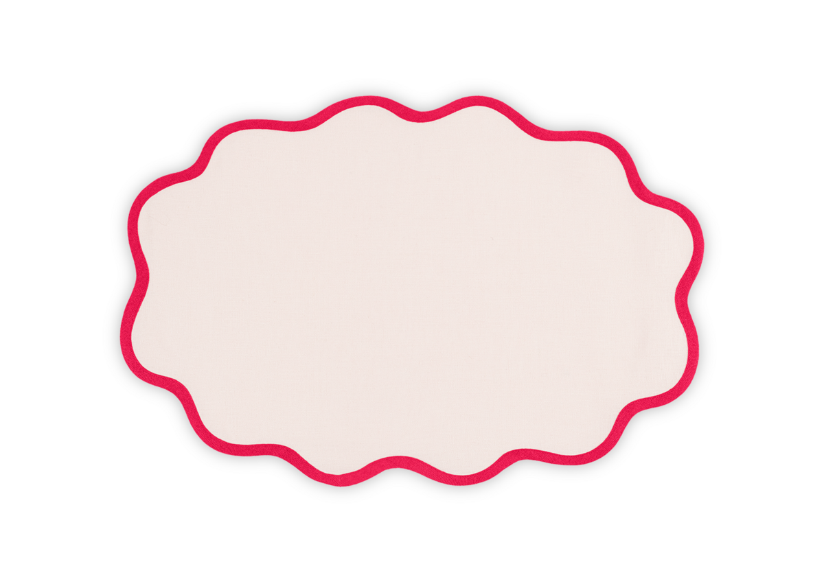 The Matouk Scallop Edge Placemat Set features white linen placemats with red scalloped edges, ideal for a distinctive tablescape, displayed on a plain white background.