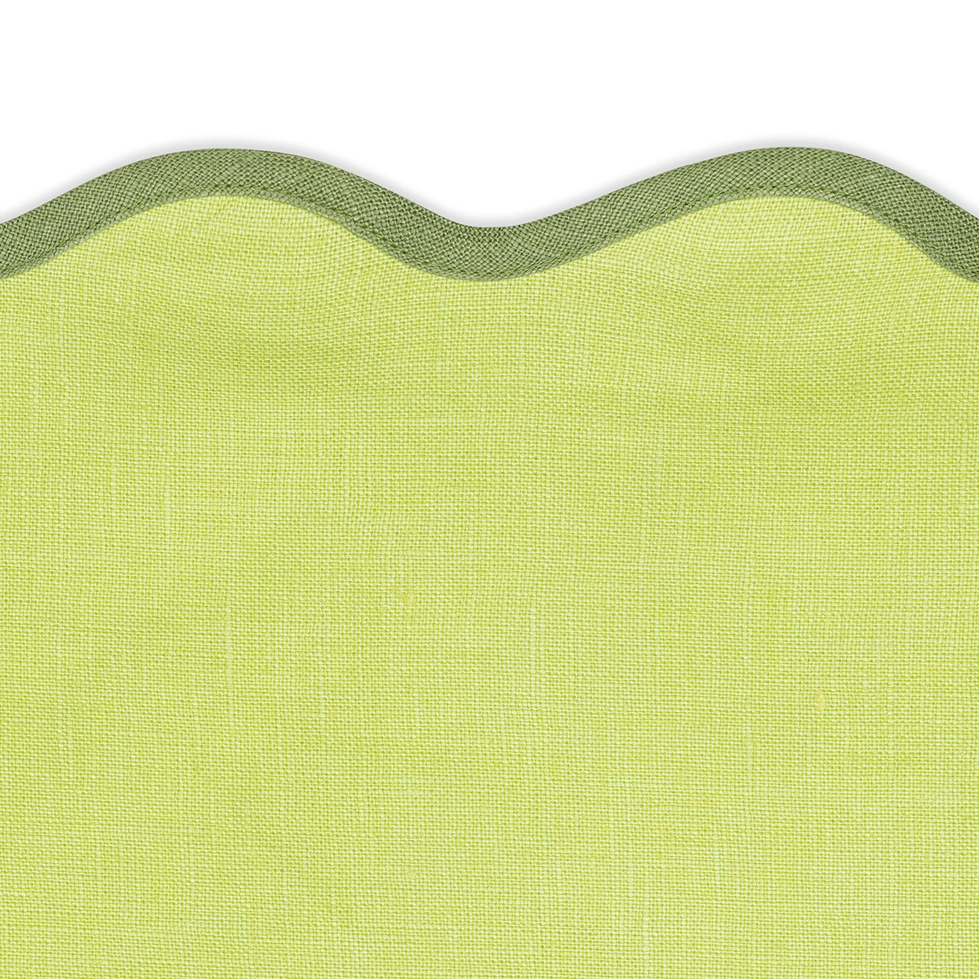 Close-up of Matouk’s Scallop Edge | Napkin Set in light green, showing a detailed weave and a wavy, darker green scalloped border along the edge, reflecting the refined style of upscale linen napkins.
