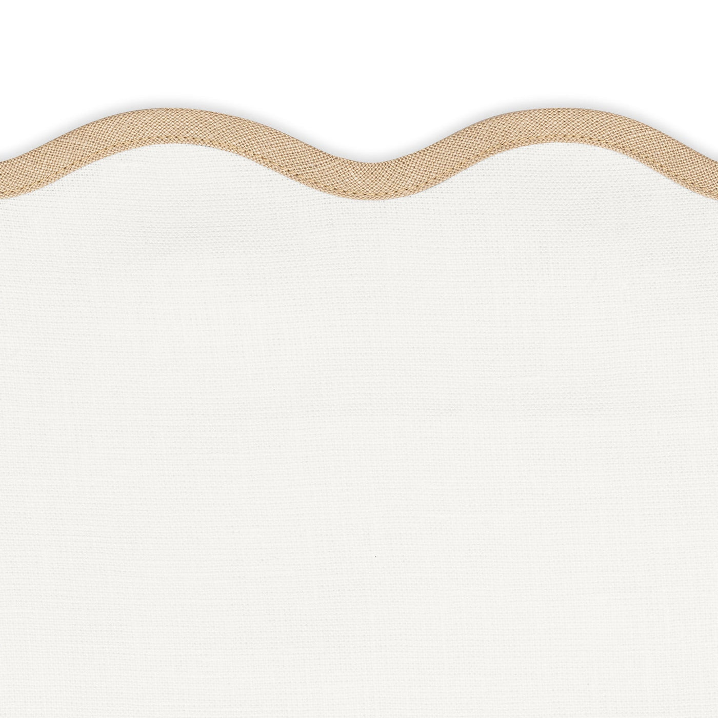 Matouk's Scallop Edge Napkin Set features white linen napkins with a scalloped edge and a signature beige taped border along the bottom.