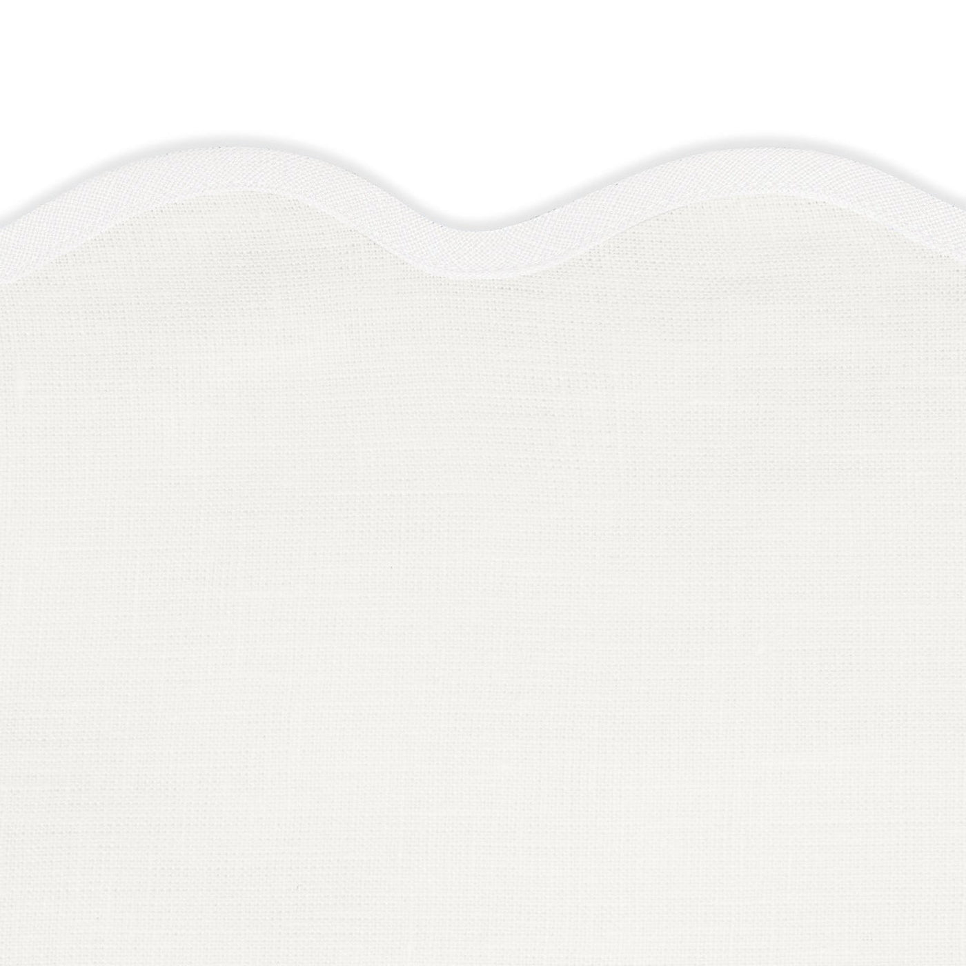 A close-up of Matouk's Scallop Edge | Napkin Set shows white fabric with a subtle woven texture and scalloped edge—ideal for adding elegance to your tablescape.