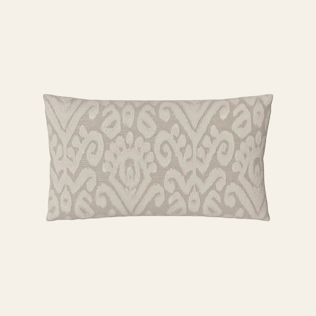Ann Gish Scepter lumbar pillow in taupe with tonal ikat damask pattern.