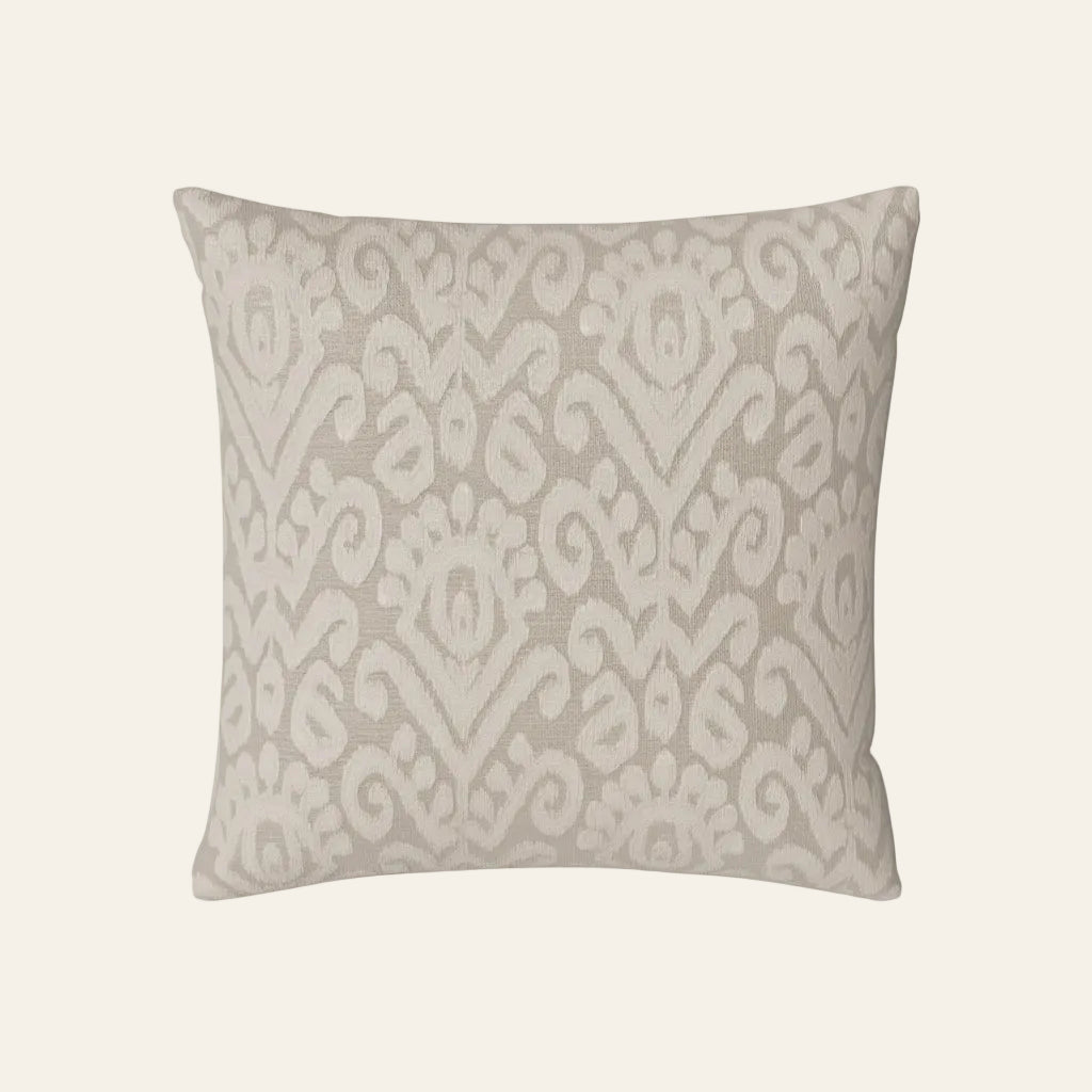 Ann Gish Scepter sham in taupe with ivory ikat damask pattern.