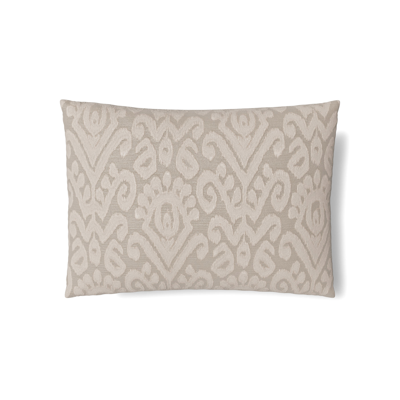 Close-up of Ann Gish Scepter sham in taupe with tonal ikat damask pattern.