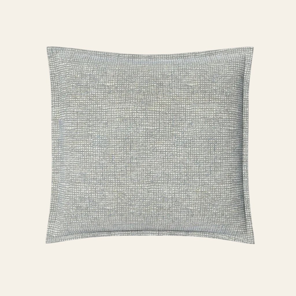 Ann Gish Screen pillow in silver-grey woven texture with self-flange border.