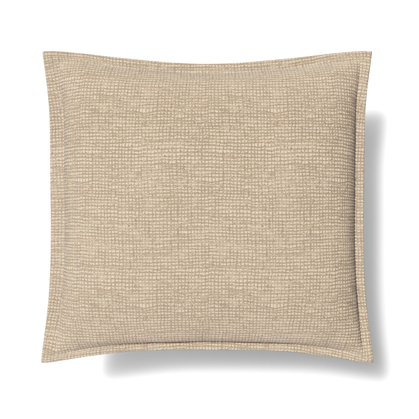 Close-up of Ann Gish Screen pillow in warm sand with woven texture and flanged edge.