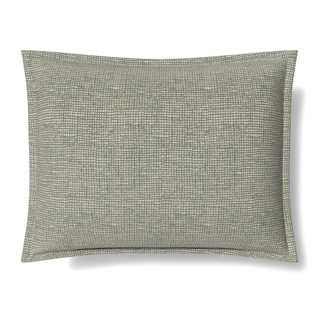Close-up of Ann Gish Screen pillow in sage green woven grid texture with flanged border.