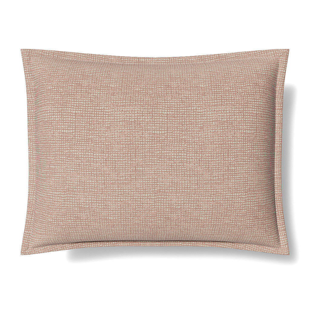 Close-up of Ann Gish Screen pillow in blush and sage woven texture with flanged edge.
