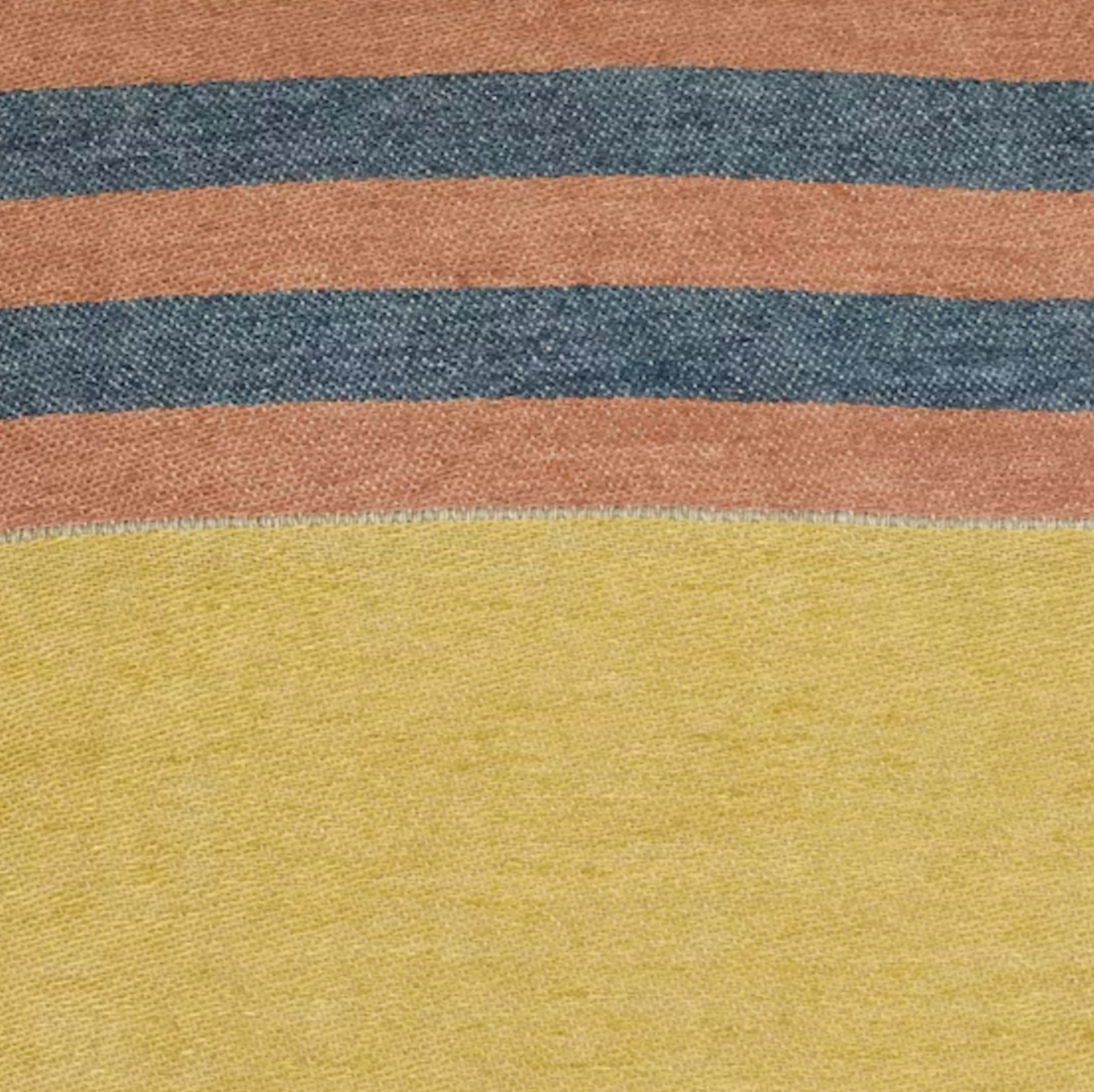 Close-up of fabric with horizontal stripes in brown, blue, and yellow.