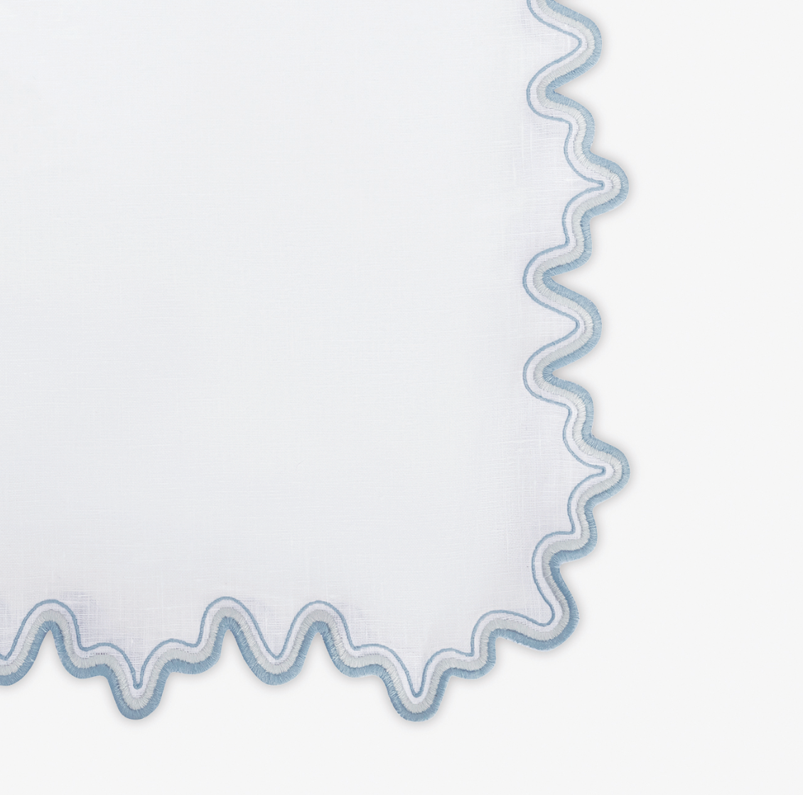 The Wave Linen Guest Towel Set by Matouk features white linen with a scalloped, two-tone light blue stitched border, perfect for embroidery projects and shown on a white background.