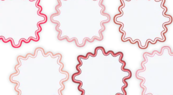 The Wave Cocktail Napkin Set by Matouk features six scalloped-edge napkins with wavy, two-tone pink and red borders, arranged in two rows against a white background.
