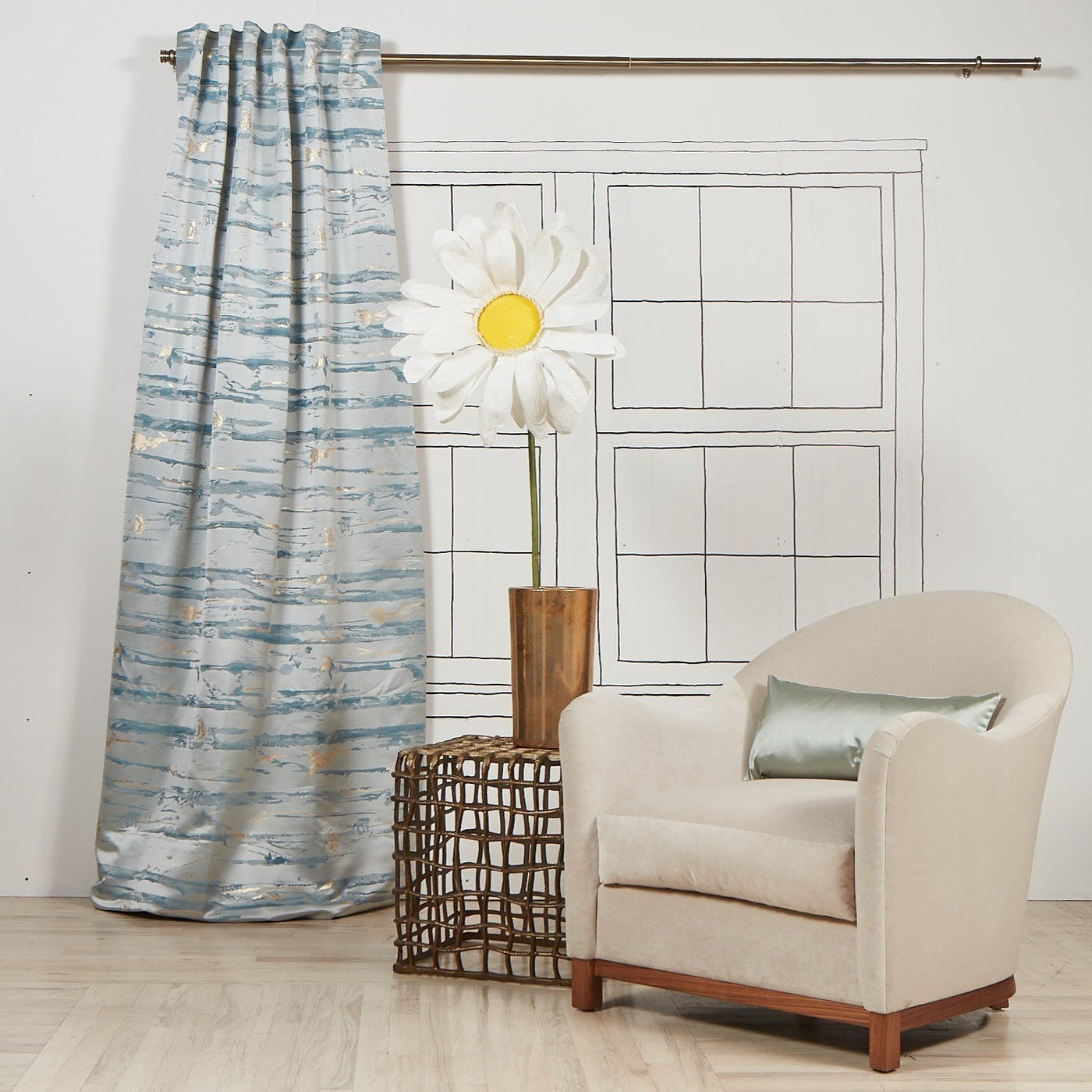 Ann Gish Serenity curtain panel in sky blue horizontal brushstroke pattern, styled in room vignette.