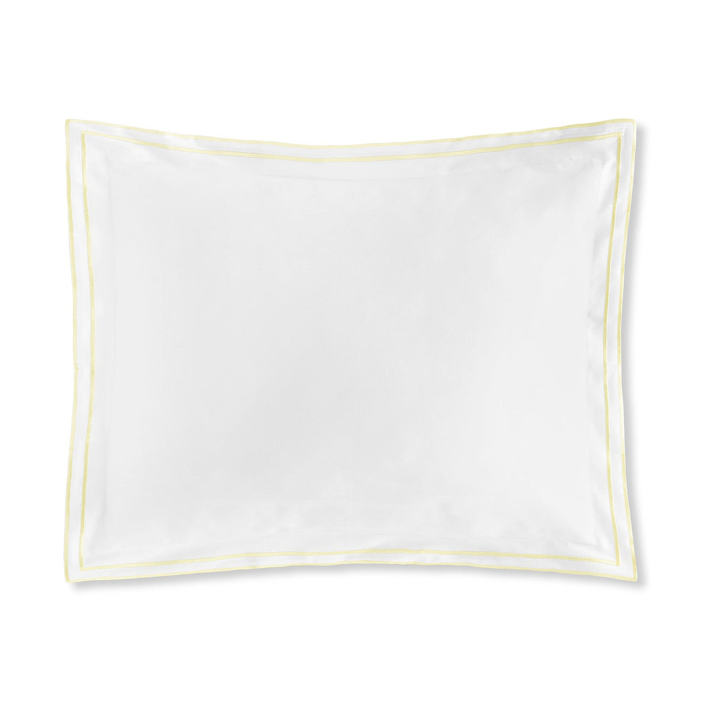 The Sereno Sateen Boudoir by Amalia Home Collection is a white rectangular pillowcase with a thin yellow satin stitch border, shown flat on a white background—a refined luxury bedding accent.