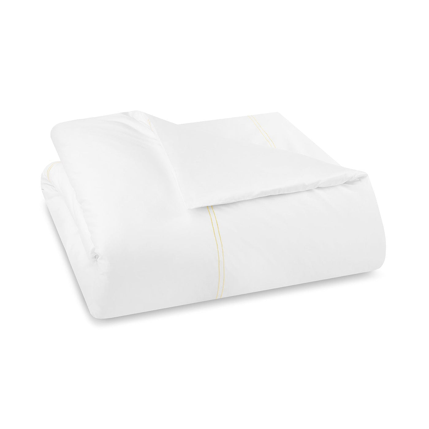 The Sferra Sereno duvet cover, crafted from white Egyptian cotton with subtle yellow stitching, is neatly folded and displayed against a plain white background.