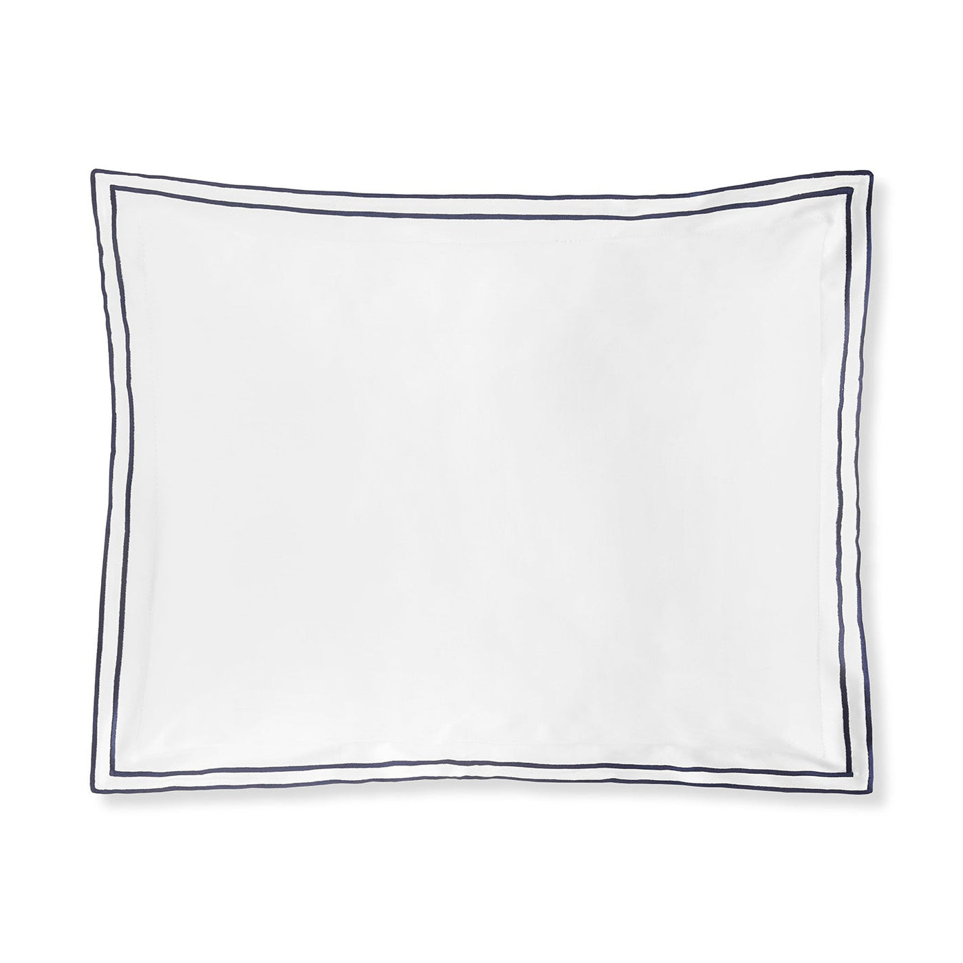 The Sereno Sateen Boudoir by Amalia Home Collection is a white rectangular Egyptian Cotton pillowcase with a simple navy blue double-line satin stitch border, shown on a plain white background.