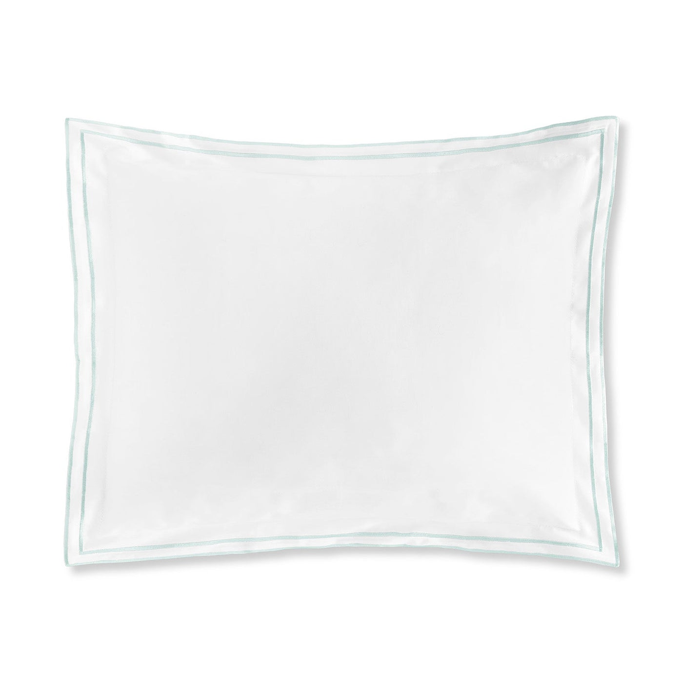 The Sereno Sateen Boudoir by Amalia Home Collection is a white rectangular pillow with a light blue satin stitch border, crafted from premium Egyptian Cotton for luxurious bedding.
