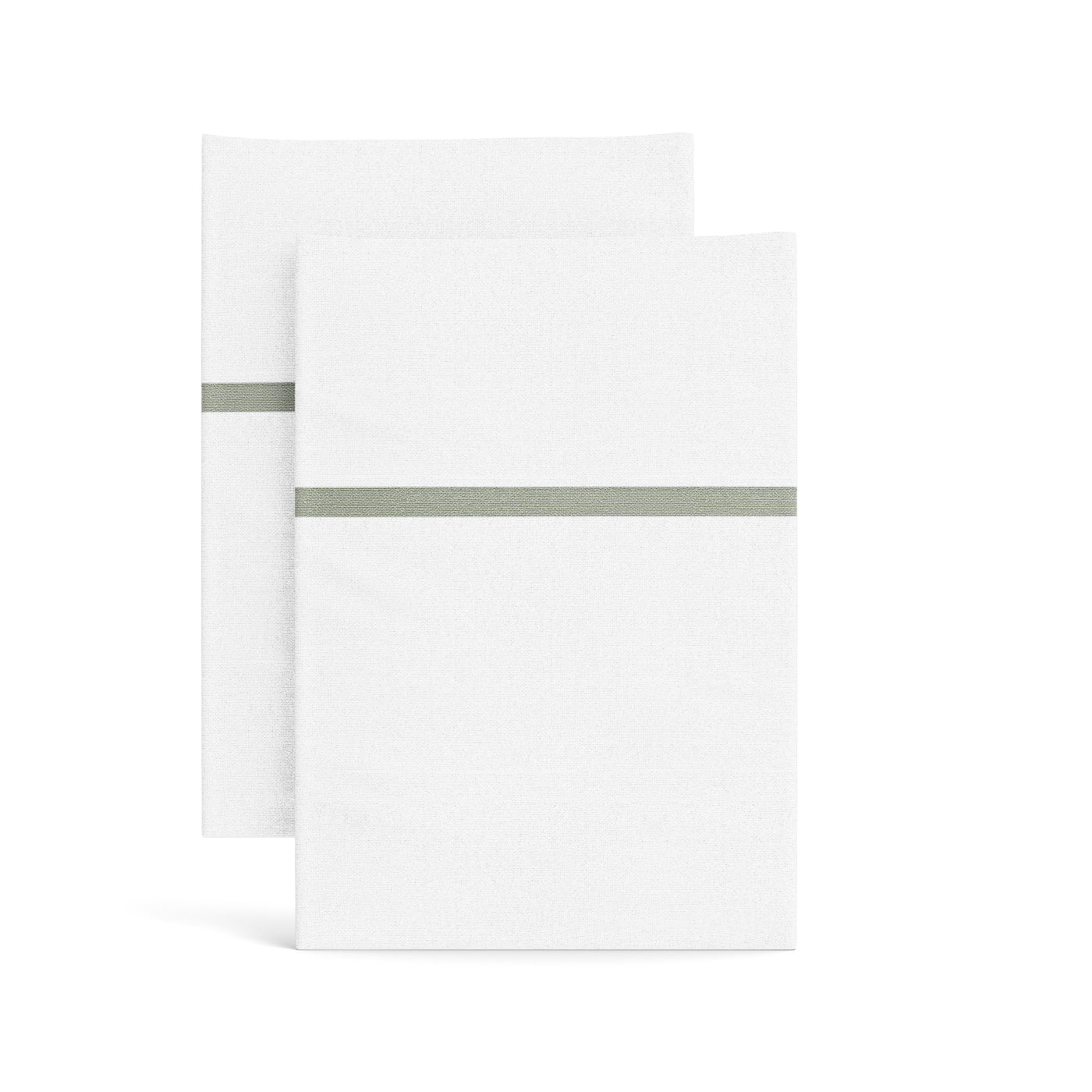 Two white Ann Gish Silk Trim pillowcases stacked, each with a sage satin stripe detail.