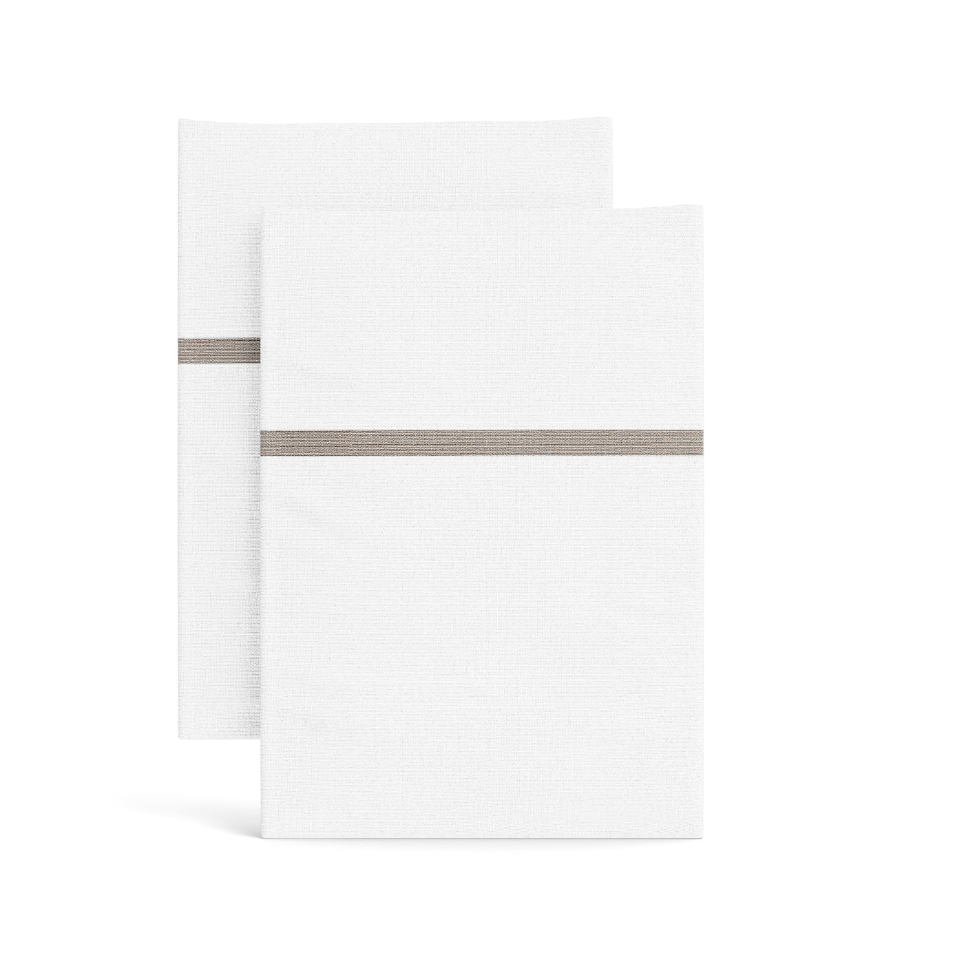 Two white textured pillowcases with a horizontal taupe silk trim band, shown folded against white background.