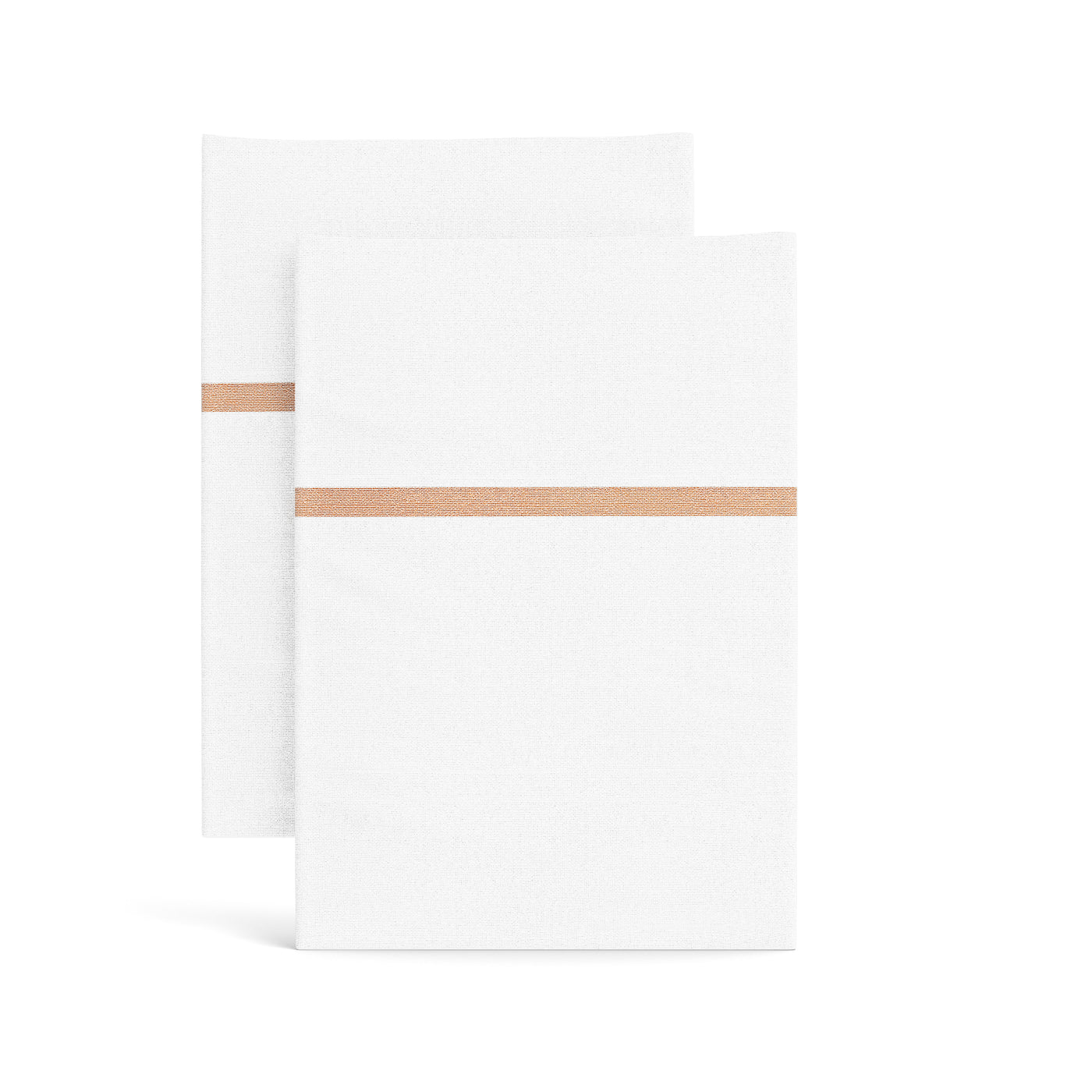 Ann Gish Silk Trim pillowcases in white with copper stripe trim, pair shown flat.
