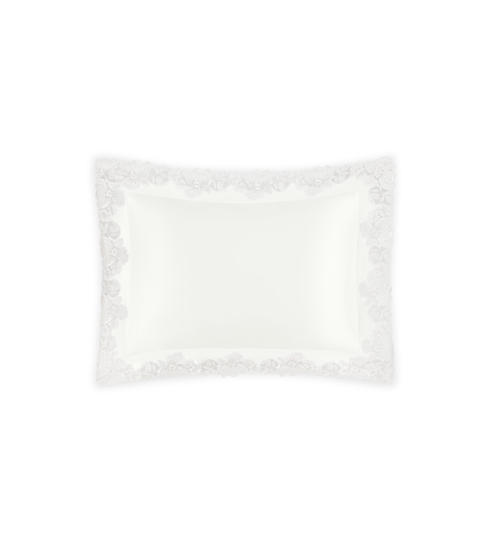 Matouk Virginia ivory silk pillowcase with delicate lace trim border.