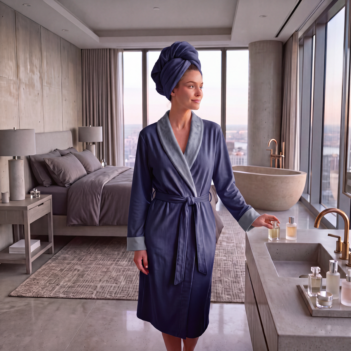 A woman wearing a navy blue bathrobe with a light blue-gray shawl collar and a matching navy towel wrapped around her hair stands in a modern luxury bedroom.