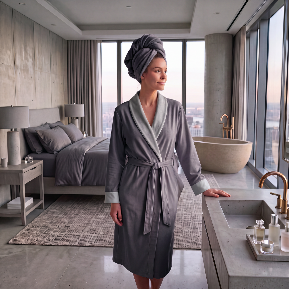 A woman wearing a gray bathrobe with a light gray towel wrapped around her head stands in a modern, luxury spa-like bedroom with large windows, a bathtub, and a vanity counter.