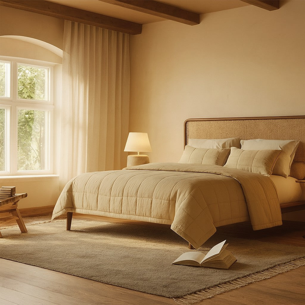 Warm-toned bedroom styled with Ann Gish Slub Tencel coverlet set in champagne, natural light.