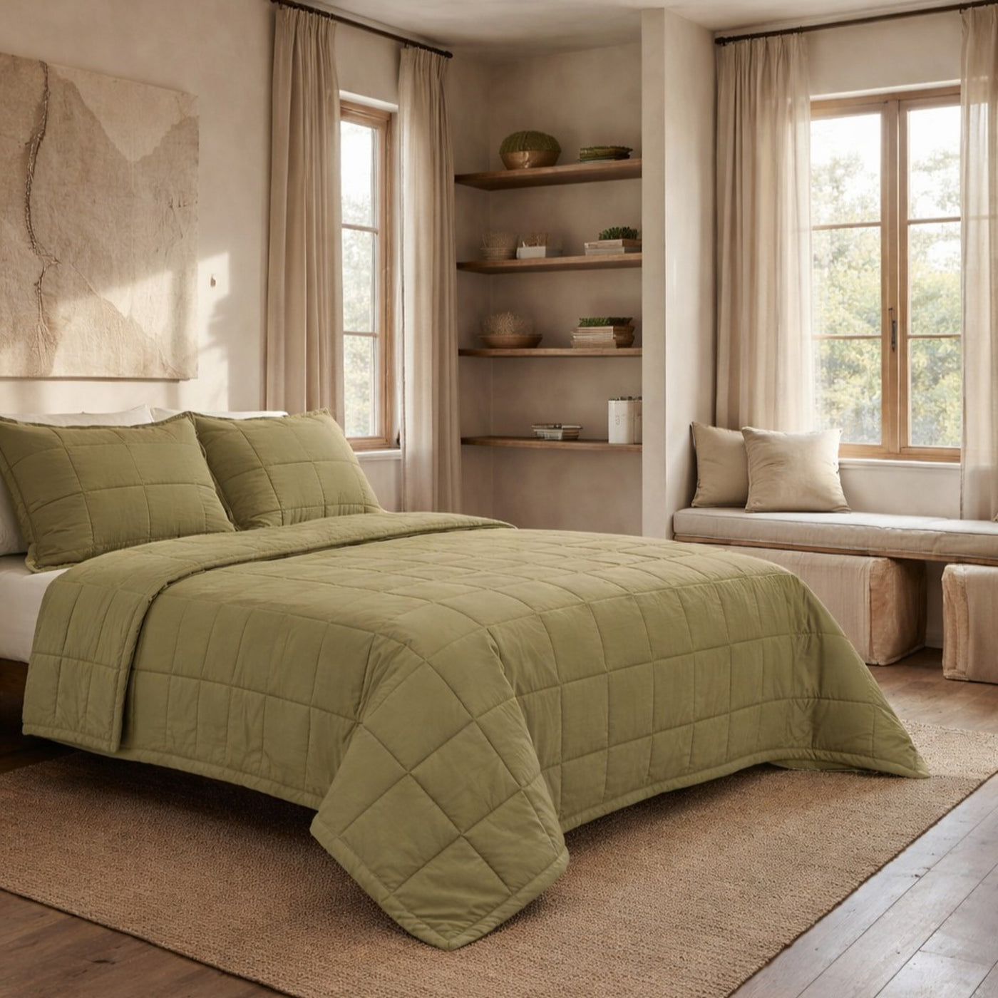 Ann Gish Slub Tencel coverlet set in sage, grid-stitched, styled on bed in sunlit bedroom.