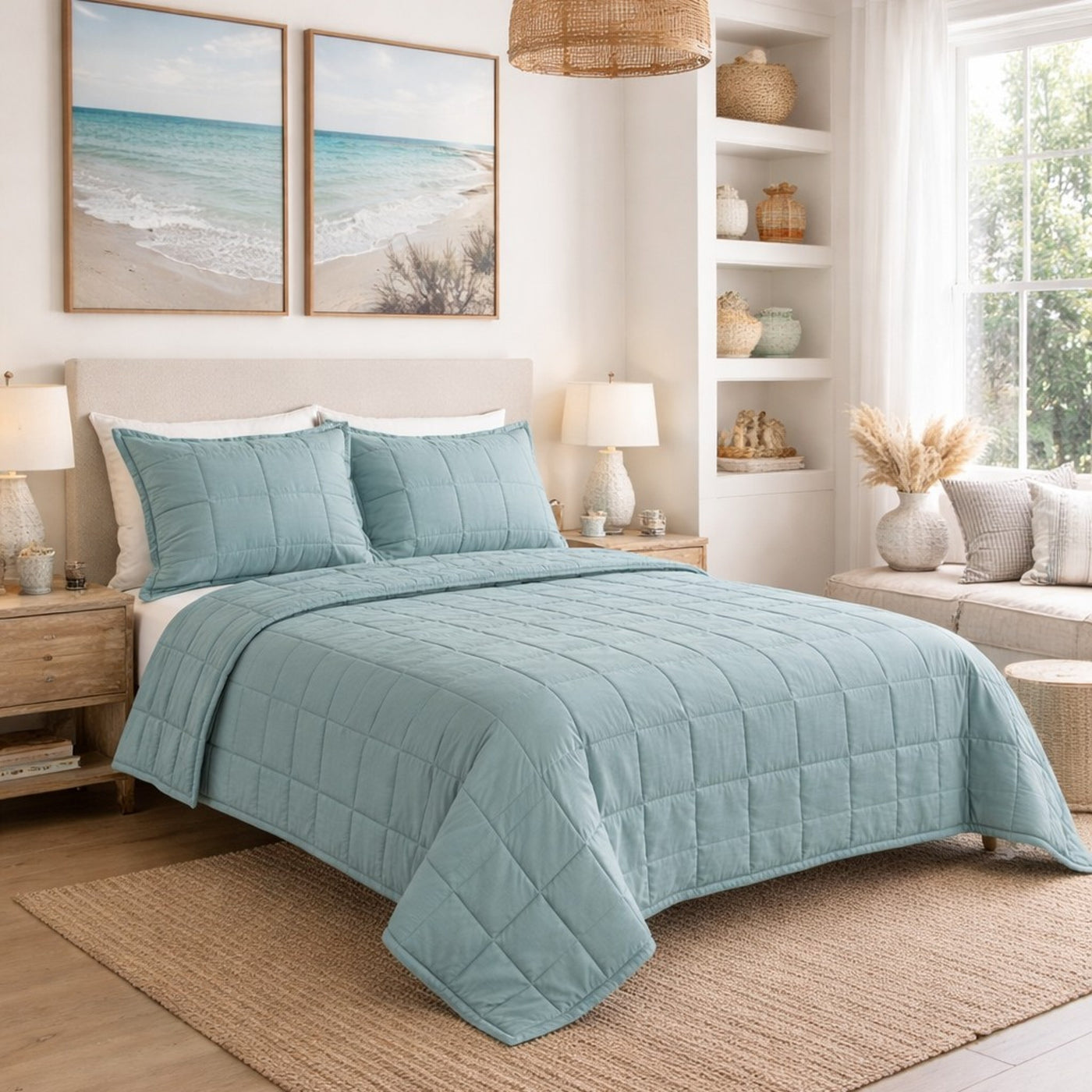 Seafoam Ann Gish Slub Tencel coverlet set styled on bed in coastal-themed bedroom.