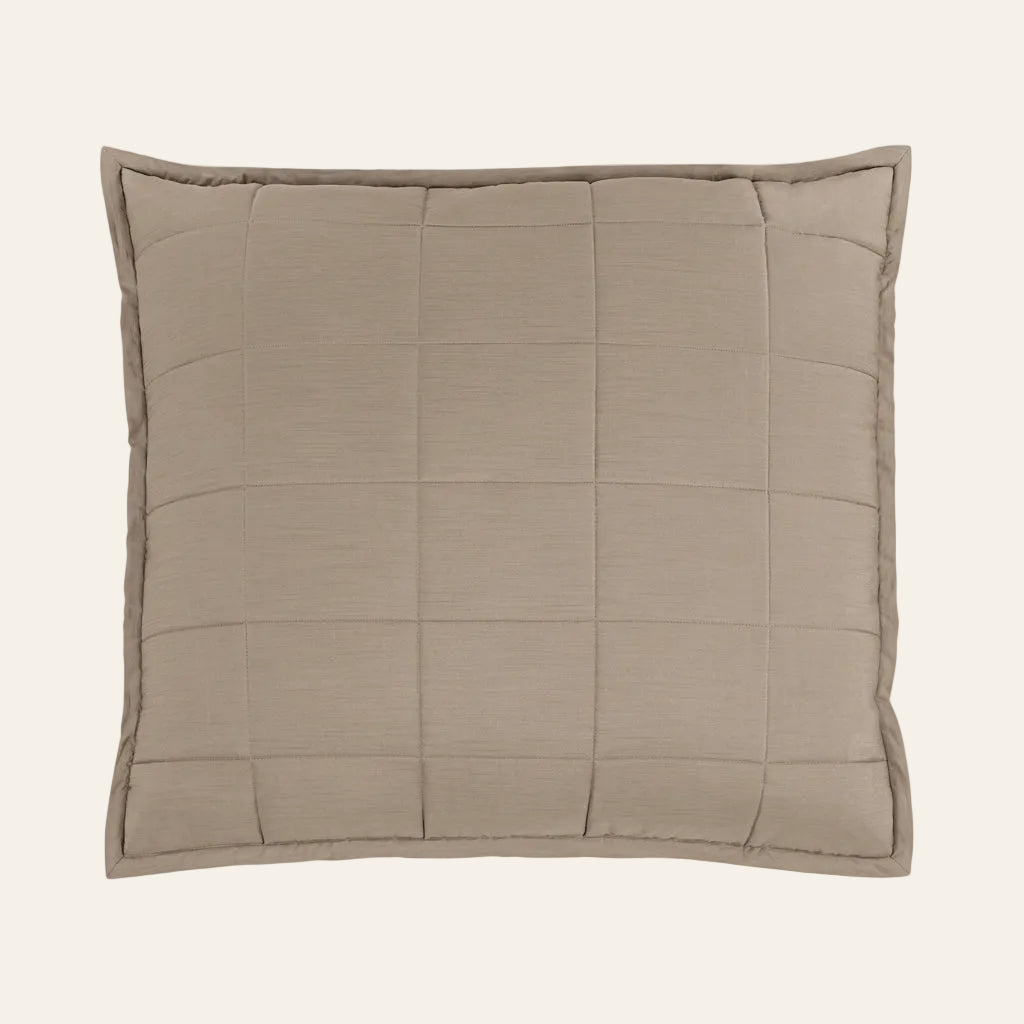 Ann Gish Slub Tencel pillow in taupe with quilted grid stitching and flanged edge.