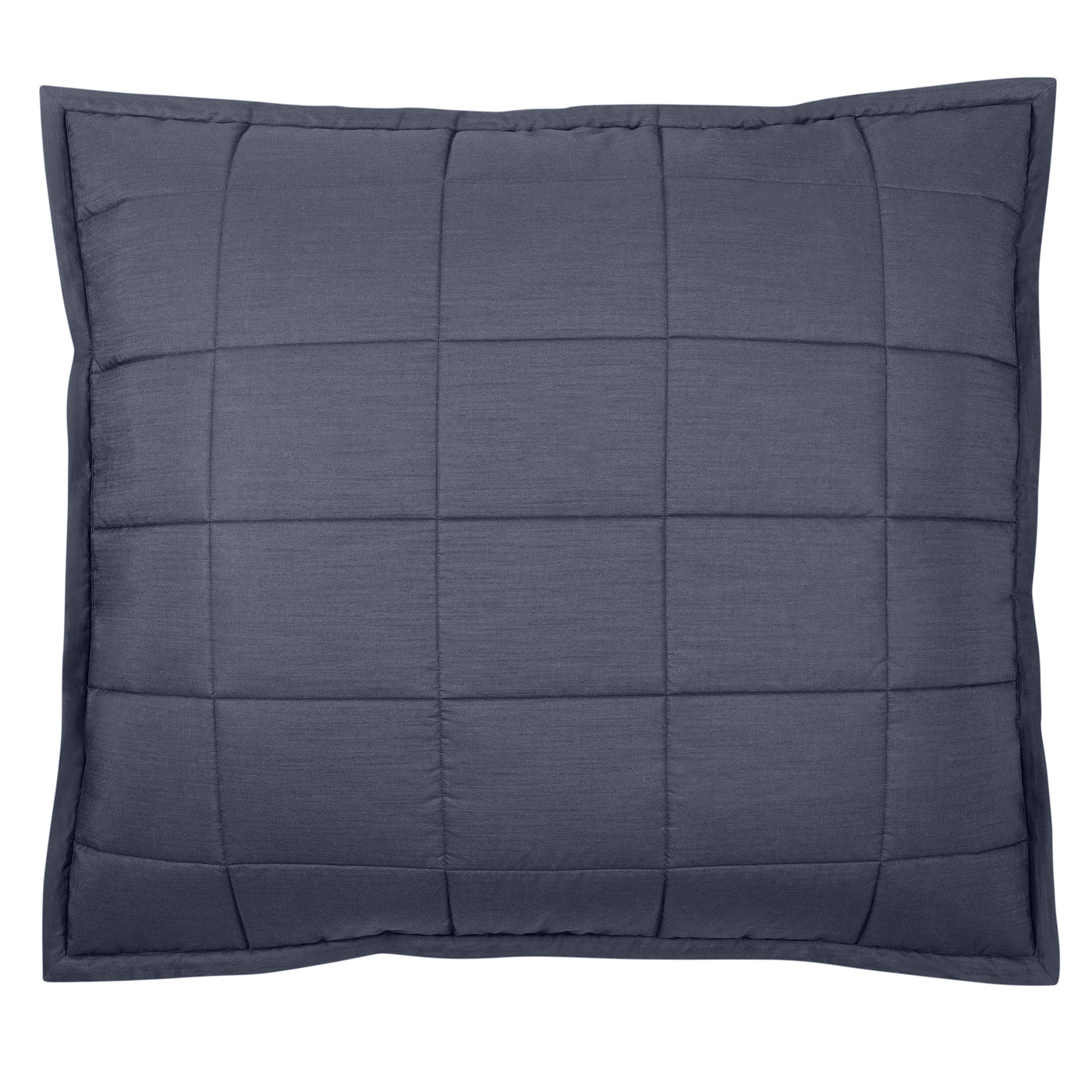 Close-up of Ann Gish Slub Tencel pillow in slate blue with grid quilting and flanged border.