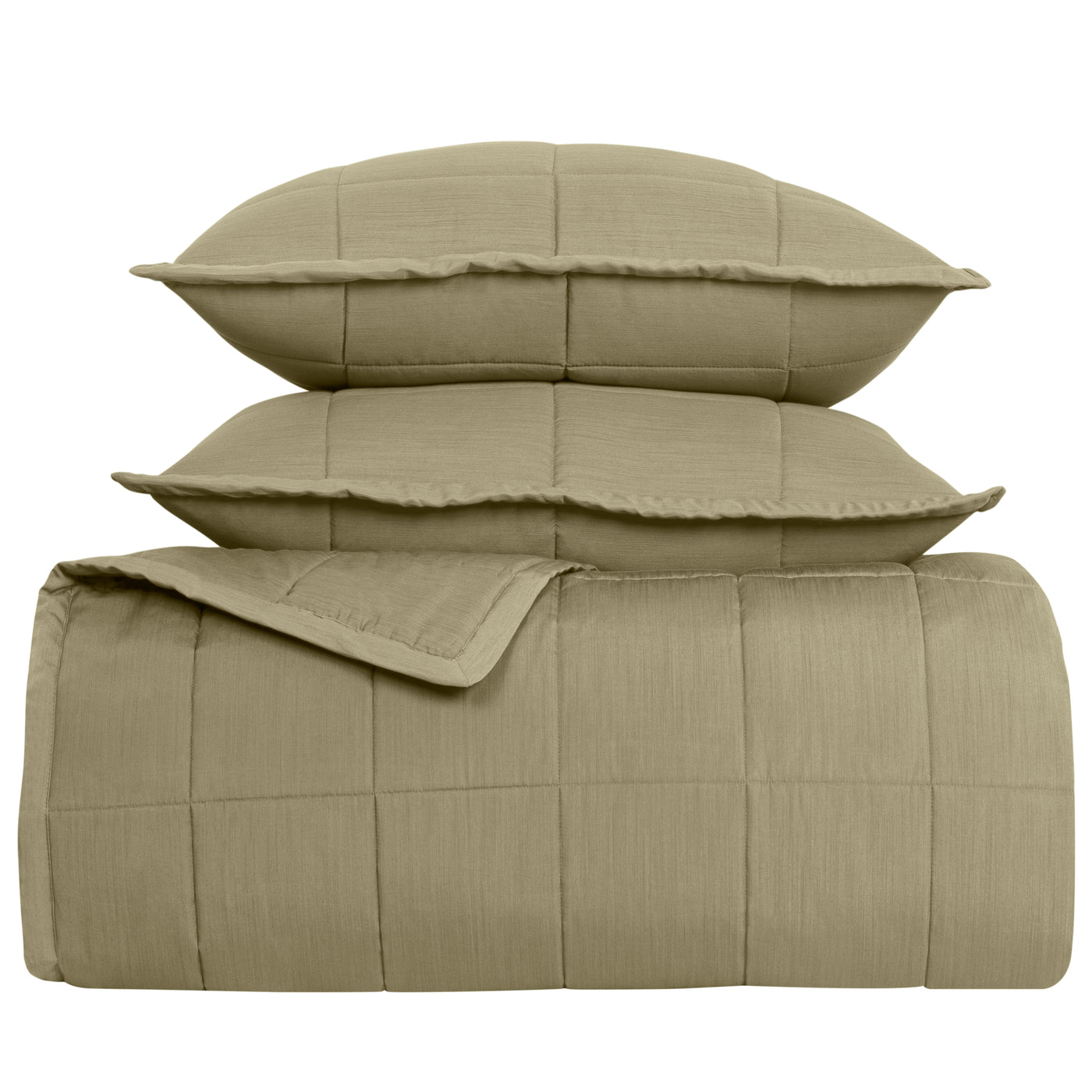 Folded sage Ann Gish Slub Tencel coverlet set with two matching pillow shams, grid-quilted texture.