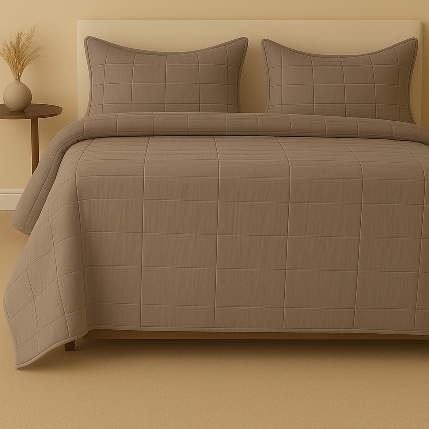 Taupe Ann Gish Slub Tencel coverlet and shams styled on a made bed, warm neutral setting.