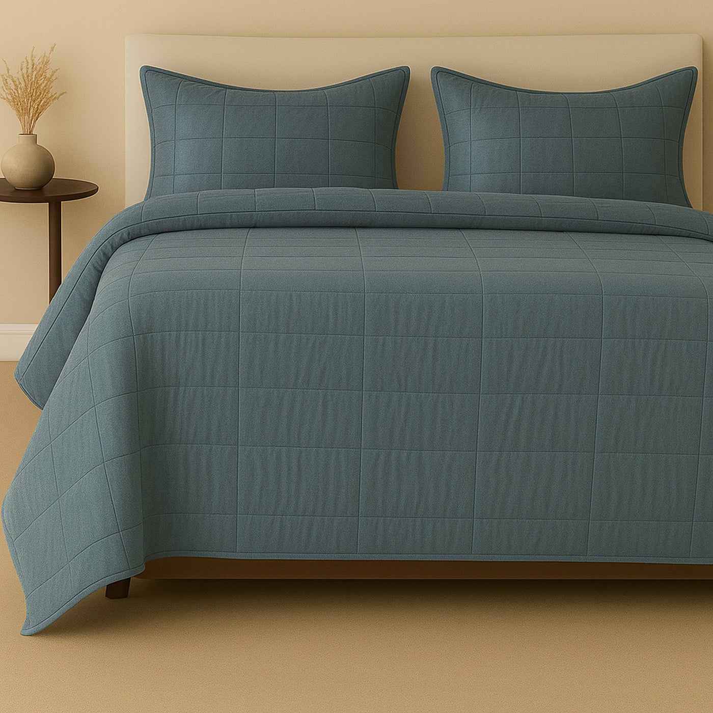 Slate blue quilted coverlet set with grid stitching, draped on a styled bed with matching shams.