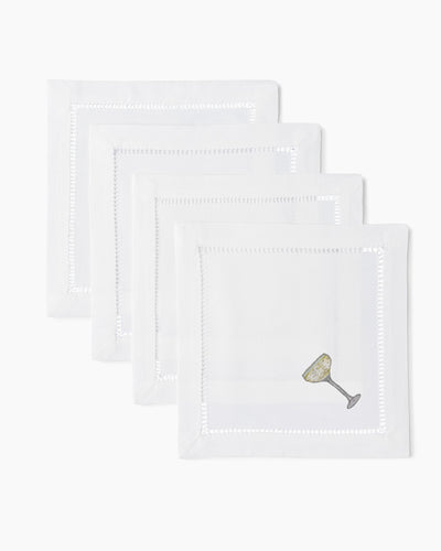 Henry Handwork white linen cocktail napkins with hemstitch border and embroidered coupe glass.