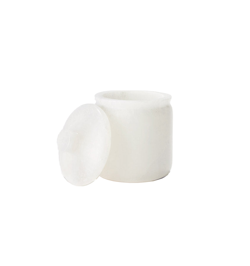 Sferra Volterra ivory marble storage jar with lid ajar, on white background.