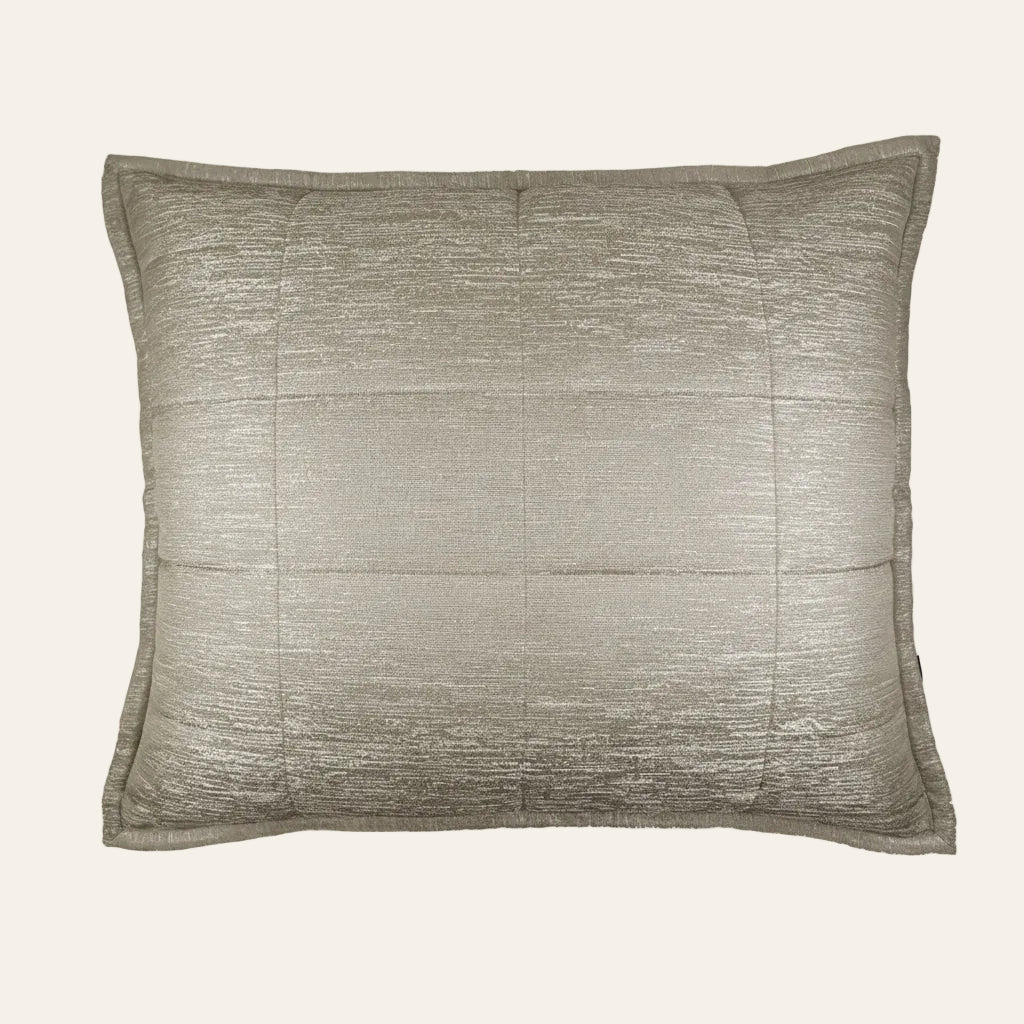 Ann Gish Stria quilted pillow in silver-taupe with textured fabric and flanged border.
