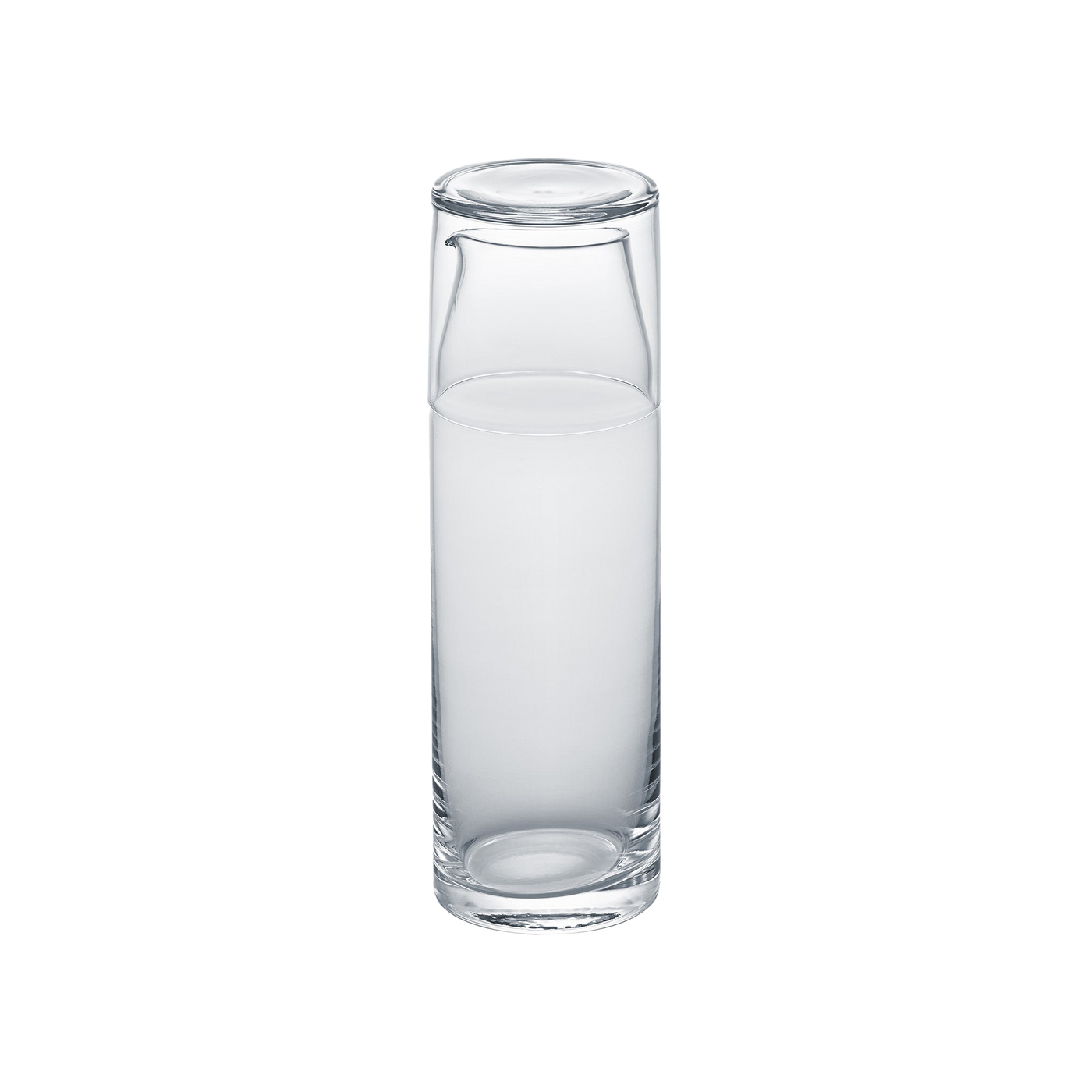 Sferra Sugahara Night clear glass carafe with flat lid on white background.