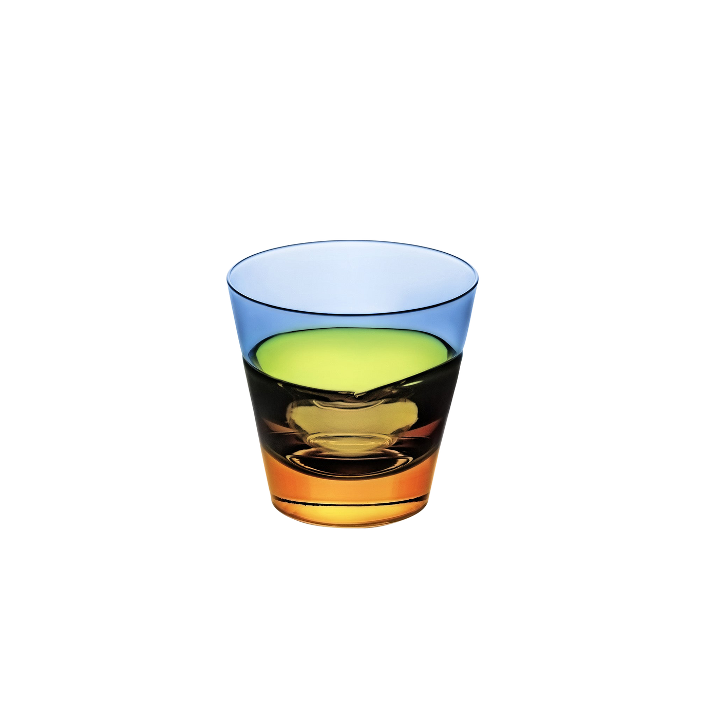 Sferra Sugahara Night old fashioned glass in layered blue, green, amber, and orange tones.