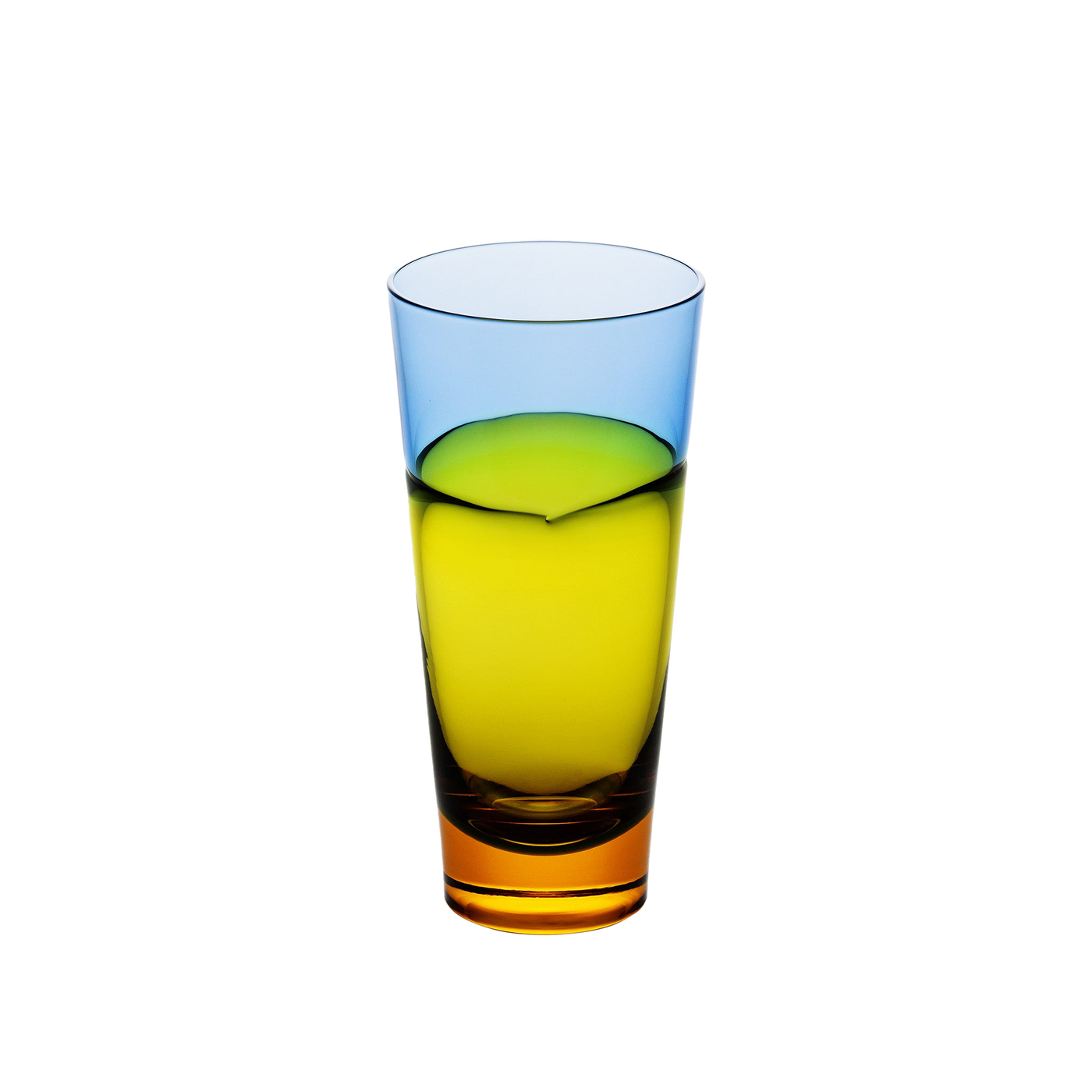 Sferra Sugahara Night highball glass in sky blue, chartreuse, and amber layers.