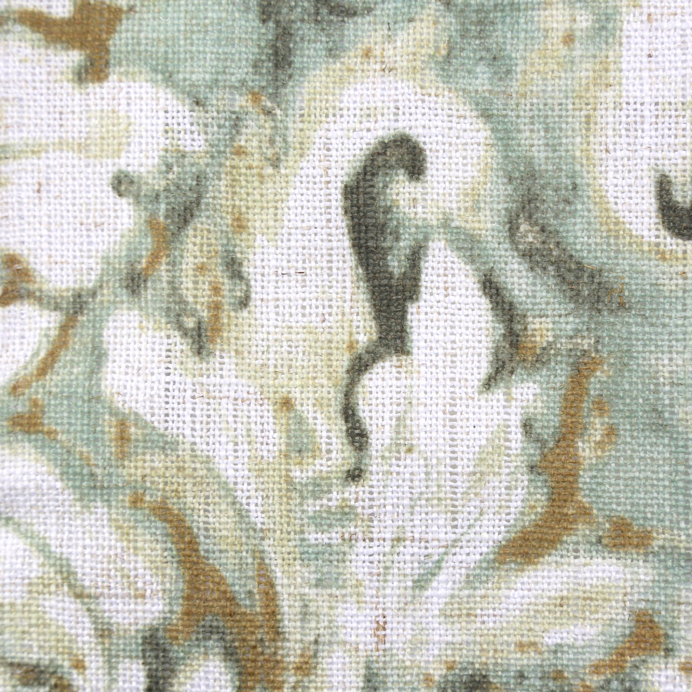 Ann Gish Acanthus duvet set, sage and gold botanical print on ivory linen weave.