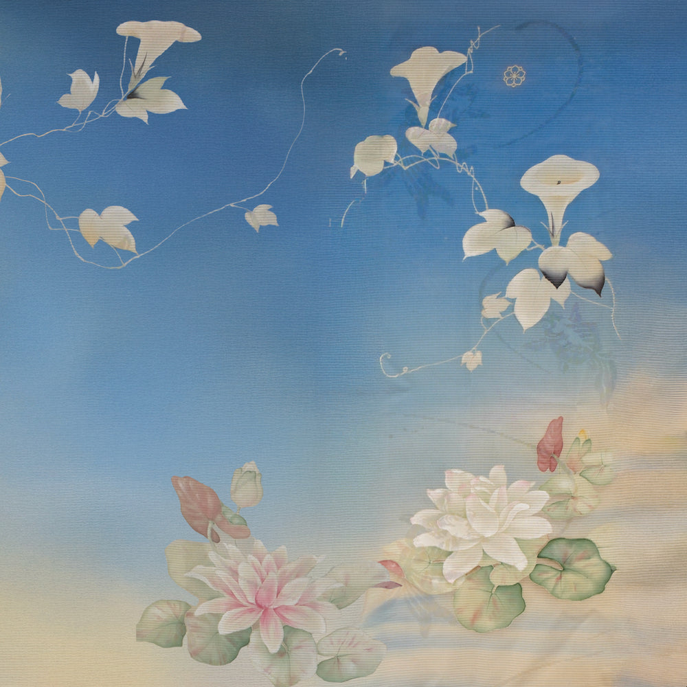Ann Gish Asagao pillow in sky blue with hand-painted floral motif of morning glories and lotus blooms.