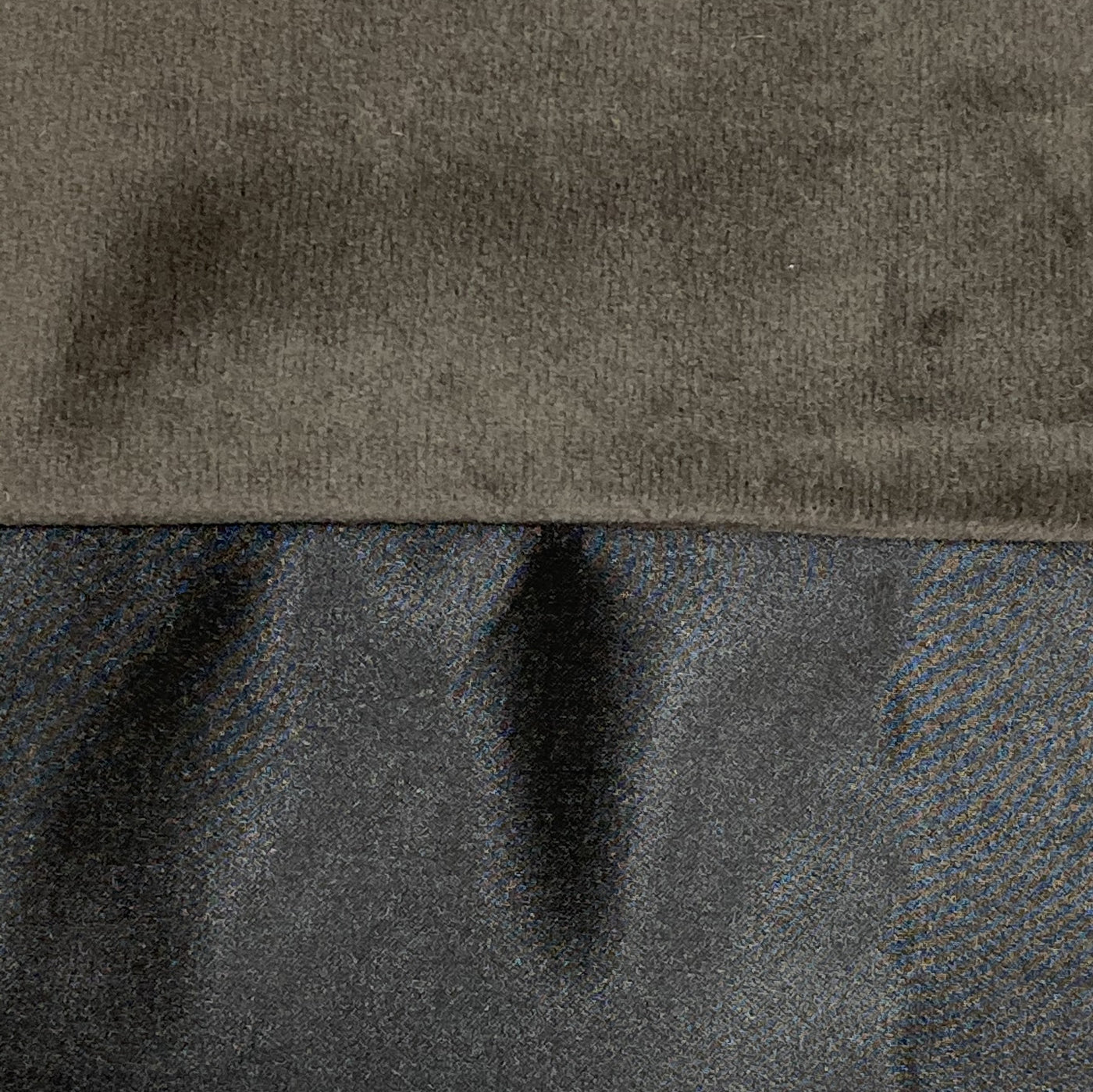 Close-up of Ann Gish Duchess pillow showing taupe velvet and charcoal satin reverse fabrics.
