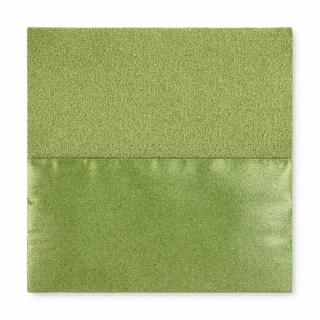 Close-up of Ann Gish Duchess pillow reverse, sage green velvet and satin panels.