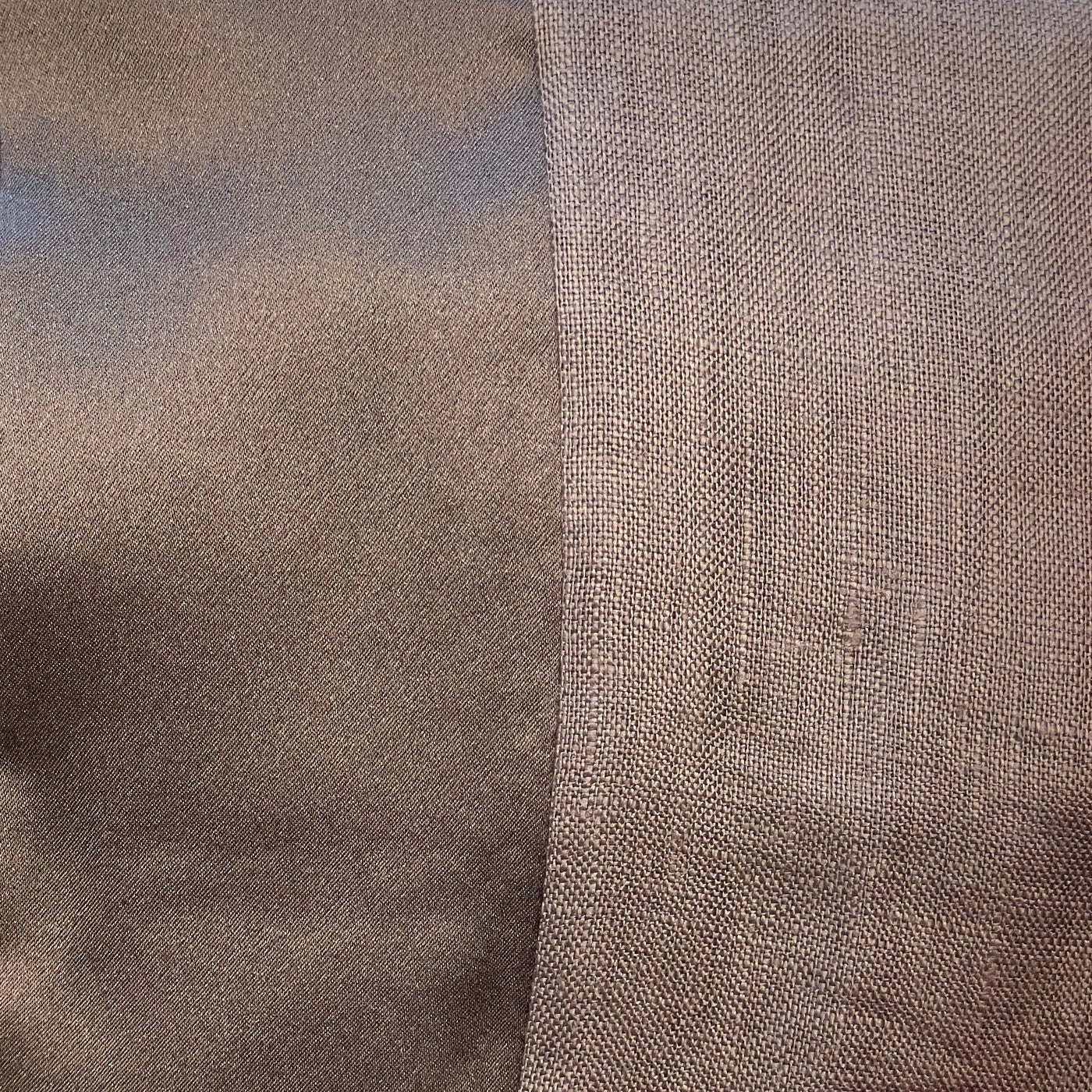 Close-up of Ann Gish Lover's Kimono Duvet showing contrast between satin and linen weave in mocha.