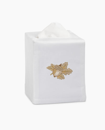 Henry Handwork white linen tissue box cover with gold embroidered acorn motif.
